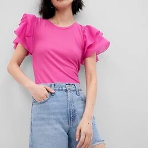 GAP Mini Rib Ruffle Sleeve T-Shirt XXS - Happy Pink